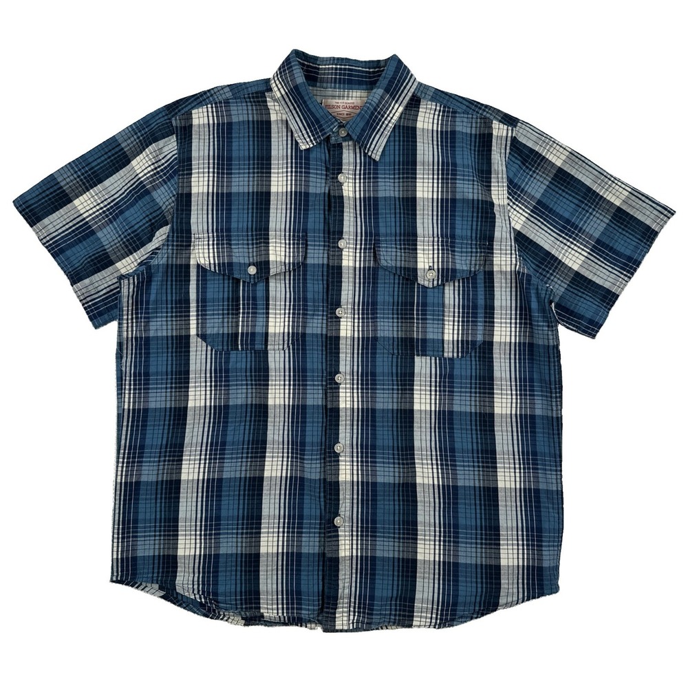 Filson Washed Feather Cloth Shirt Button Up Men's Medium Service Blue Plaid
